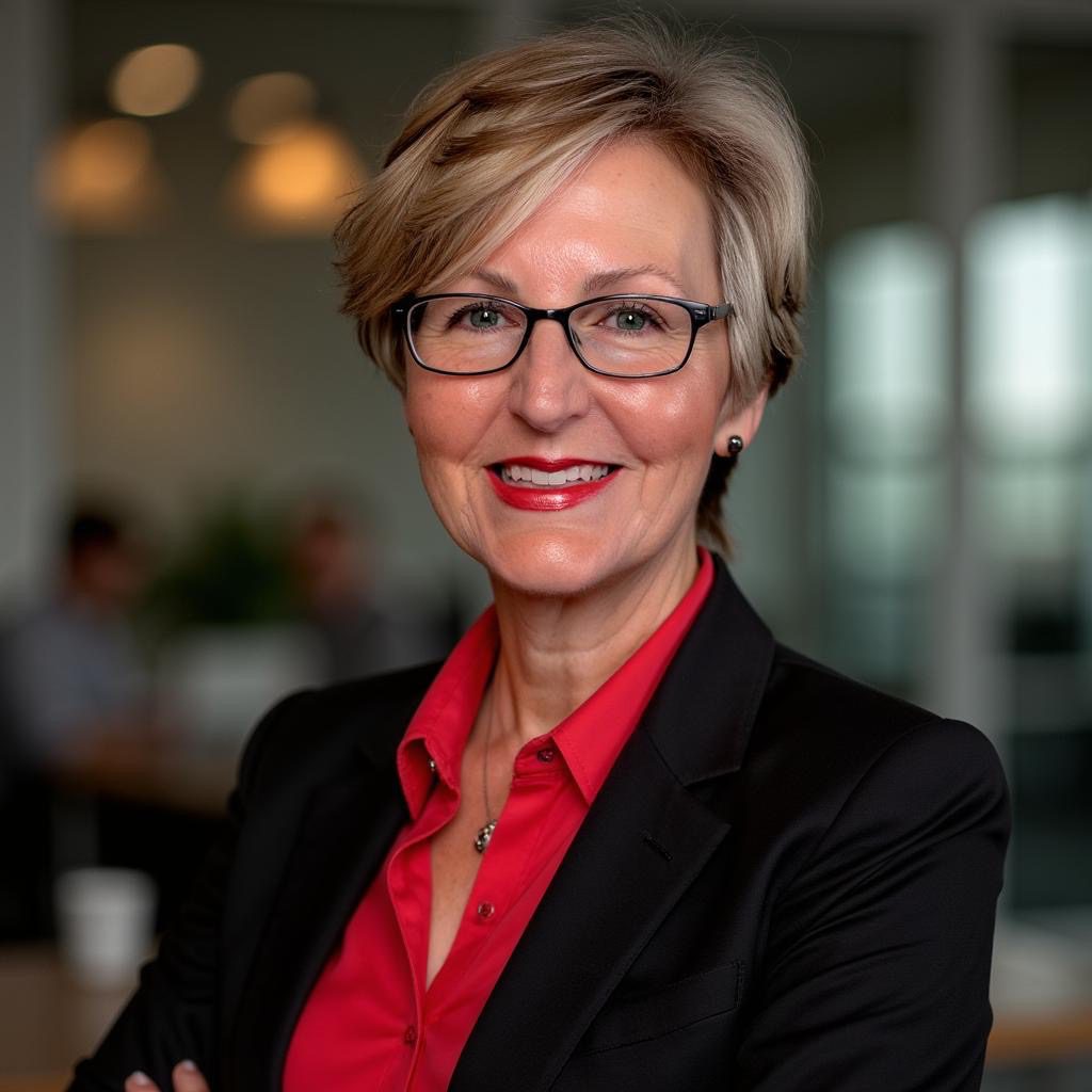 Professional woman in glasses and business attire smiling.