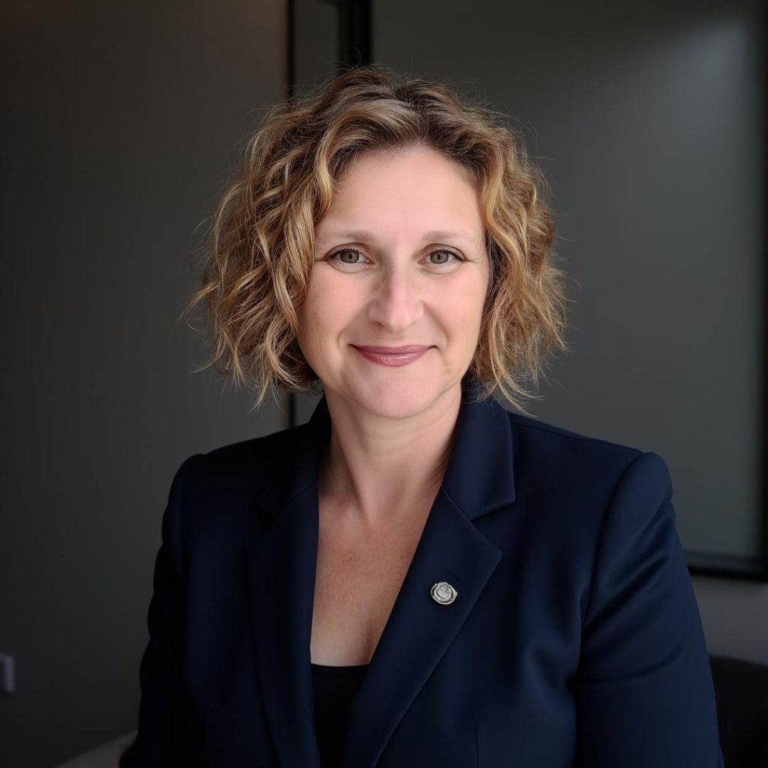 Professional woman with curly hair in a dark blazer smiles confidently.