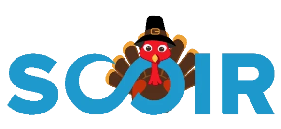 A cartoon turkey with a pilgrim hat and a blue infinity symbol.